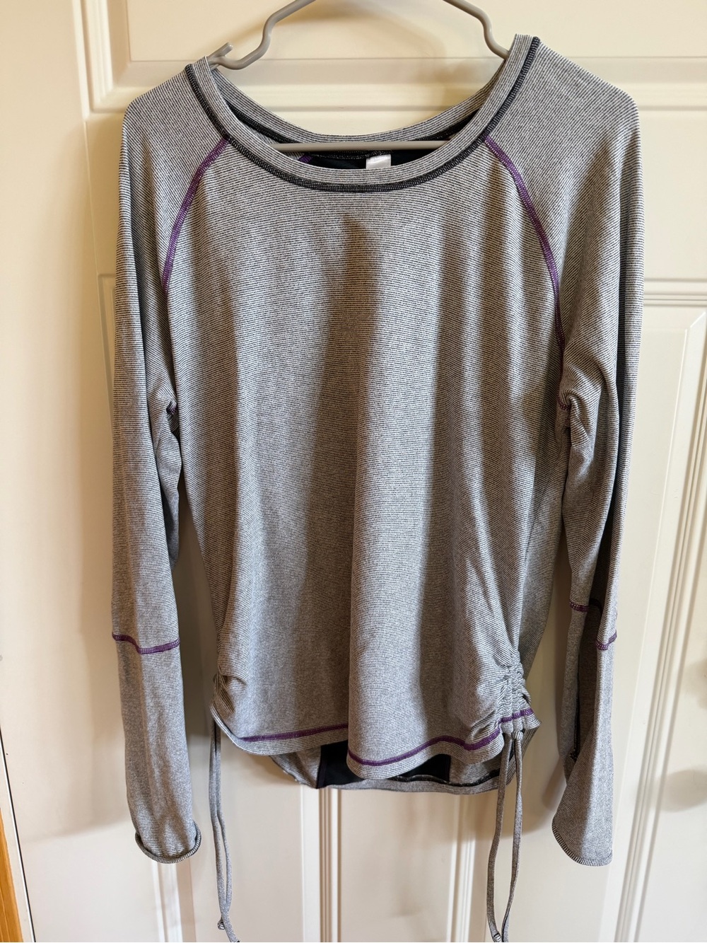 Lucy Gray Long-Sleeve Crewneck Top with Purple Stitching, Size XL